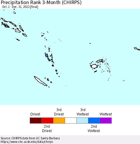 Fiji, Samoa, Solomon Isl. and Vanuatu Precipitation Rank since 1981, 3-Month (CHIRPS) Thematic Map For 10/1/2022 - 12/31/2022