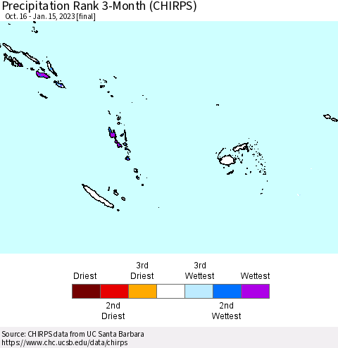 Fiji, Samoa, Solomon Isl. and Vanuatu Precipitation Rank since 1981, 3-Month (CHIRPS) Thematic Map For 10/16/2022 - 1/15/2023