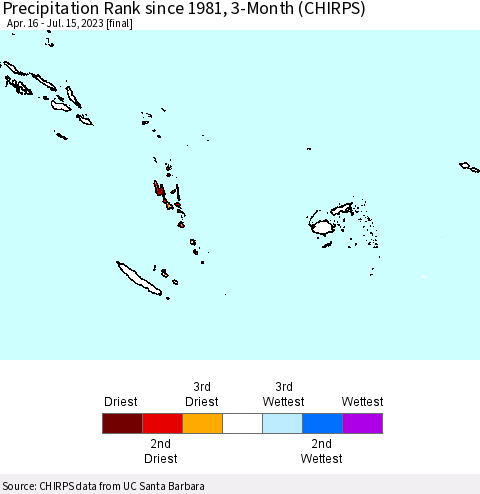 Fiji, Samoa, Solomon Isl. and Vanuatu Precipitation Rank since 1981, 3-Month (CHIRPS) Thematic Map For 4/16/2023 - 7/15/2023