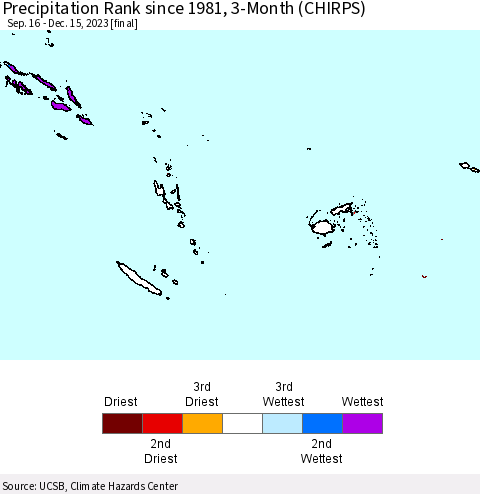 Fiji, Samoa, Solomon Isl. and Vanuatu Precipitation Rank since 1981, 3-Month (CHIRPS) Thematic Map For 9/16/2023 - 12/15/2023