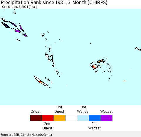 Fiji, Samoa, Solomon Isl. and Vanuatu Precipitation Rank since 1981, 3-Month (CHIRPS) Thematic Map For 10/6/2023 - 1/5/2024