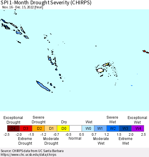 Fiji, Samoa, Solomon Isl. and Vanuatu SPI 1-Month Drought Severity (CHIRPS) Thematic Map For 11/16/2022 - 12/15/2022