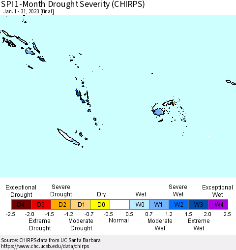 Fiji, Samoa, Solomon Isl. and Vanuatu SPI 1-Month Drought Severity (CHIRPS) Thematic Map For 1/1/2023 - 1/31/2023