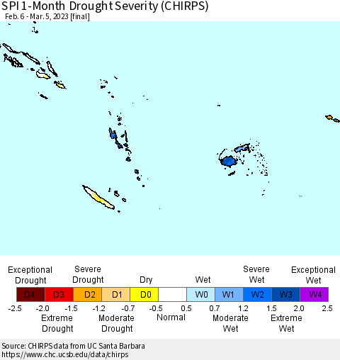 Fiji, Samoa, Solomon Isl. and Vanuatu SPI 1-Month Drought Severity (CHIRPS) Thematic Map For 2/6/2023 - 3/5/2023
