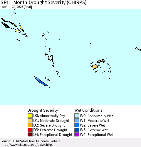 Fiji, Samoa, Solomon Isl. and Vanuatu SPI 1-Month Drought Severity (CHIRPS) Thematic Map For 4/1/2023 - 4/30/2023