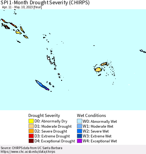 Fiji, Samoa, Solomon Isl. and Vanuatu SPI 1-Month Drought Severity (CHIRPS) Thematic Map For 4/11/2023 - 5/10/2023