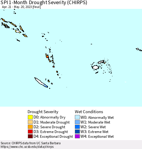 Fiji, Samoa, Solomon Isl. and Vanuatu SPI 1-Month Drought Severity (CHIRPS) Thematic Map For 4/21/2023 - 5/20/2023