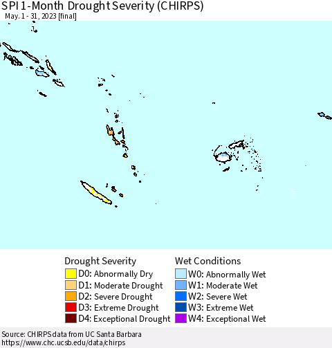 Fiji, Samoa, Solomon Isl. and Vanuatu SPI 1-Month Drought Severity (CHIRPS) Thematic Map For 5/1/2023 - 5/31/2023