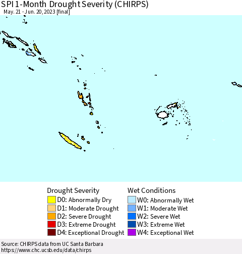 Fiji, Samoa, Solomon Isl. and Vanuatu SPI 1-Month Drought Severity (CHIRPS) Thematic Map For 5/21/2023 - 6/20/2023