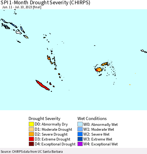 Fiji, Samoa, Solomon Isl. and Vanuatu SPI 1-Month Drought Severity (CHIRPS) Thematic Map For 6/11/2023 - 7/10/2023