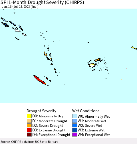 Fiji, Samoa, Solomon Isl. and Vanuatu SPI 1-Month Drought Severity (CHIRPS) Thematic Map For 6/16/2023 - 7/15/2023