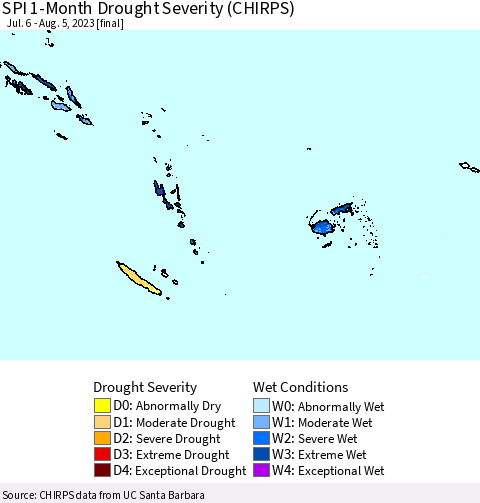 Fiji, Samoa, Solomon Isl. and Vanuatu SPI 1-Month Drought Severity (CHIRPS) Thematic Map For 7/6/2023 - 8/5/2023