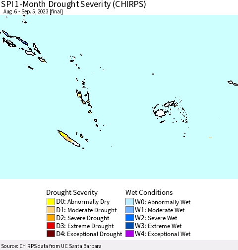 Fiji, Samoa, Solomon Isl. and Vanuatu SPI 1-Month Drought Severity (CHIRPS) Thematic Map For 8/6/2023 - 9/5/2023
