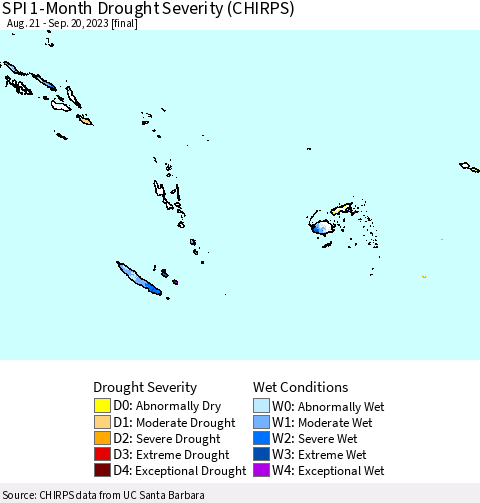 Fiji, Samoa, Solomon Isl. and Vanuatu SPI 1-Month Drought Severity (CHIRPS) Thematic Map For 8/21/2023 - 9/20/2023