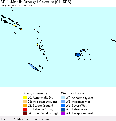 Fiji, Samoa, Solomon Isl. and Vanuatu SPI 1-Month Drought Severity (CHIRPS) Thematic Map For 8/26/2023 - 9/25/2023
