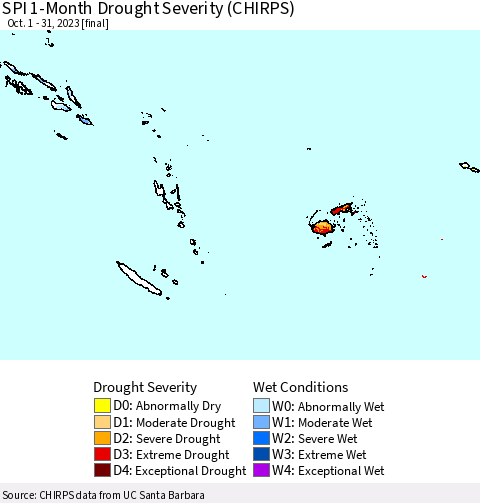 Fiji, Samoa, Solomon Isl. and Vanuatu SPI 1-Month Drought Severity (CHIRPS) Thematic Map For 10/1/2023 - 10/31/2023