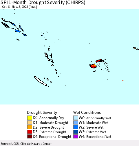 Fiji, Samoa, Solomon Isl. and Vanuatu SPI 1-Month Drought Severity (CHIRPS) Thematic Map For 10/6/2023 - 11/5/2023
