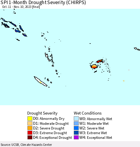 Fiji, Samoa, Solomon Isl. and Vanuatu SPI 1-Month Drought Severity (CHIRPS) Thematic Map For 10/11/2023 - 11/10/2023
