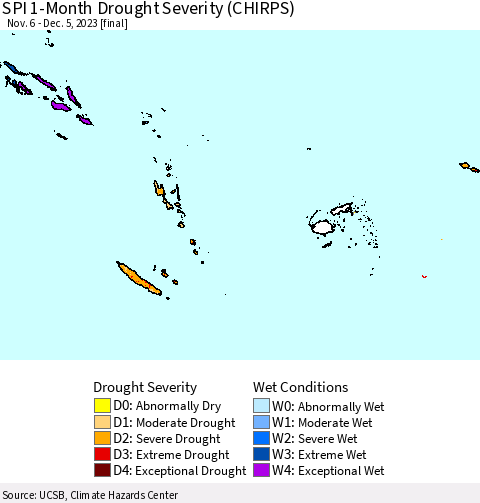 Fiji, Samoa, Solomon Isl. and Vanuatu SPI 1-Month Drought Severity (CHIRPS) Thematic Map For 11/6/2023 - 12/5/2023