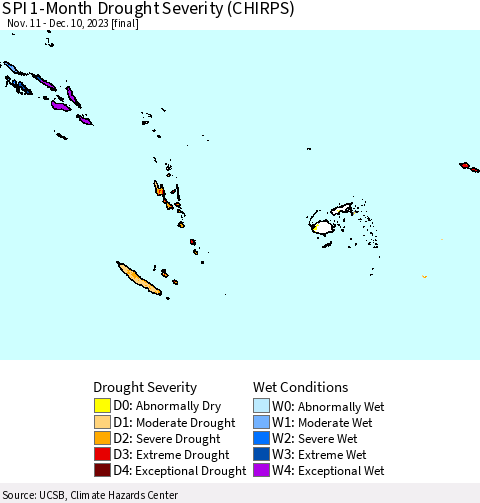 Fiji, Samoa, Solomon Isl. and Vanuatu SPI 1-Month Drought Severity (CHIRPS) Thematic Map For 11/11/2023 - 12/10/2023