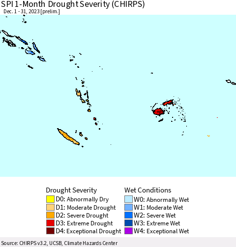 Fiji, Samoa, Solomon Isl. and Vanuatu SPI 1-Month Drought Severity (CHIRPS) Thematic Map For 12/1/2023 - 12/31/2023