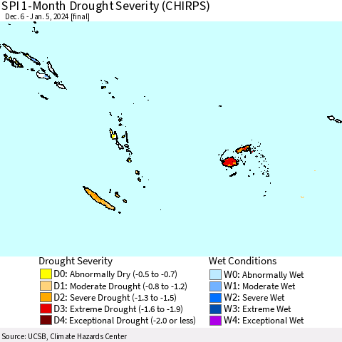 Fiji, Samoa, Solomon Isl. and Vanuatu SPI 1-Month Drought Severity (CHIRPS) Thematic Map For 12/6/2023 - 1/5/2024