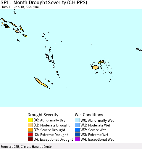 Fiji, Samoa, Solomon Isl. and Vanuatu SPI 1-Month Drought Severity (CHIRPS) Thematic Map For 12/11/2023 - 1/10/2024