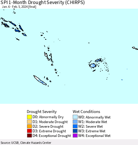 Fiji, Samoa, Solomon Isl. and Vanuatu SPI 1-Month Drought Severity (CHIRPS) Thematic Map For 1/6/2024 - 2/5/2024