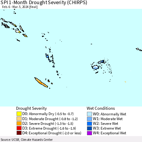 Fiji, Samoa, Solomon Isl. and Vanuatu SPI 1-Month Drought Severity (CHIRPS) Thematic Map For 2/6/2024 - 3/5/2024