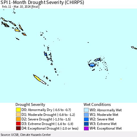 Fiji, Samoa, Solomon Isl. and Vanuatu SPI 1-Month Drought Severity (CHIRPS) Thematic Map For 2/11/2024 - 3/10/2024