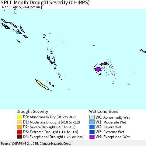 Fiji, Samoa, Solomon Isl. and Vanuatu SPI 1-Month Drought Severity (CHIRPS) Thematic Map For 3/6/2024 - 4/5/2024