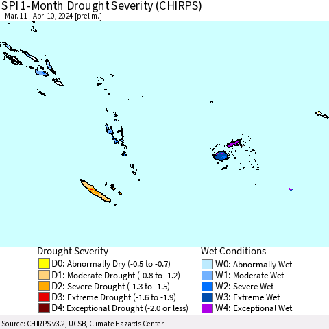 Fiji, Samoa, Solomon Isl. and Vanuatu SPI 1-Month Drought Severity (CHIRPS) Thematic Map For 3/11/2024 - 4/10/2024