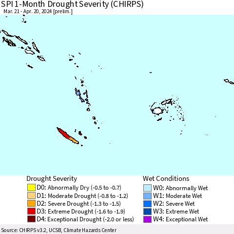 Fiji, Samoa, Solomon Isl. and Vanuatu SPI 1-Month Drought Severity (CHIRPS) Thematic Map For 3/21/2024 - 4/20/2024