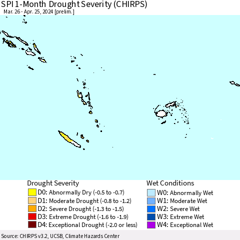 Fiji, Samoa, Solomon Isl. and Vanuatu SPI 1-Month Drought Severity (CHIRPS) Thematic Map For 3/26/2024 - 4/25/2024