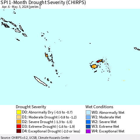 Fiji, Samoa, Solomon Isl. and Vanuatu SPI 1-Month Drought Severity (CHIRPS) Thematic Map For 4/6/2024 - 5/5/2024