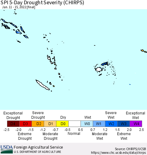 Fiji, Samoa, Solomon Isl. and Vanuatu SPI 5-Day Drought Severity (CHIRPS) Thematic Map For 1/11/2022 - 1/15/2022