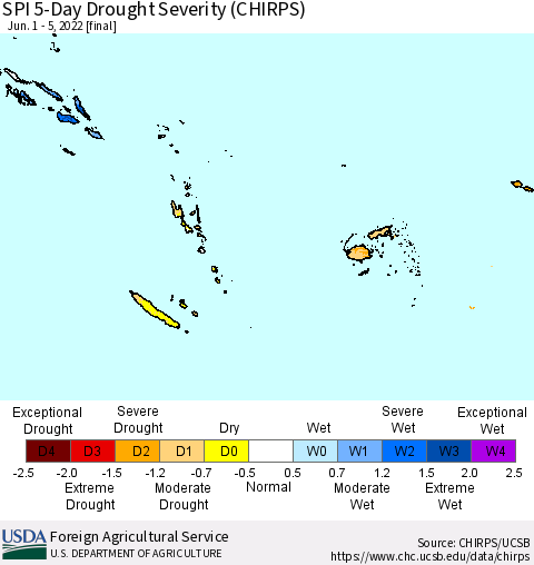 Fiji, Samoa, Solomon Isl. and Vanuatu SPI 5-Day Drought Severity (CHIRPS) Thematic Map For 6/1/2022 - 6/5/2022