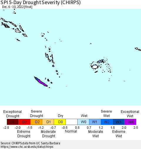 Fiji, Samoa, Solomon Isl. and Vanuatu SPI 5-Day Drought Severity (CHIRPS) Thematic Map For 12/6/2022 - 12/10/2022