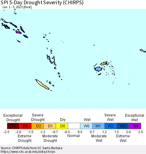 Fiji, Samoa, Solomon Isl. and Vanuatu SPI 5-Day Drought Severity (CHIRPS) Thematic Map For 1/1/2023 - 1/5/2023