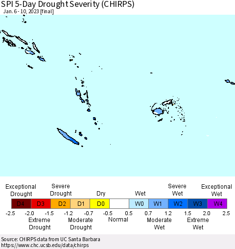 Fiji, Samoa, Solomon Isl. and Vanuatu SPI 5-Day Drought Severity (CHIRPS) Thematic Map For 1/6/2023 - 1/10/2023