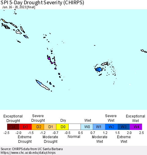 Fiji, Samoa, Solomon Isl. and Vanuatu SPI 5-Day Drought Severity (CHIRPS) Thematic Map For 1/16/2023 - 1/20/2023