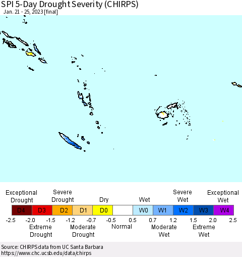 Fiji, Samoa, Solomon Isl. and Vanuatu SPI 5-Day Drought Severity (CHIRPS) Thematic Map For 1/21/2023 - 1/25/2023