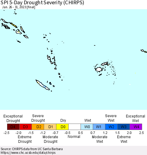 Fiji, Samoa, Solomon Isl. and Vanuatu SPI 5-Day Drought Severity (CHIRPS) Thematic Map For 1/26/2023 - 1/31/2023