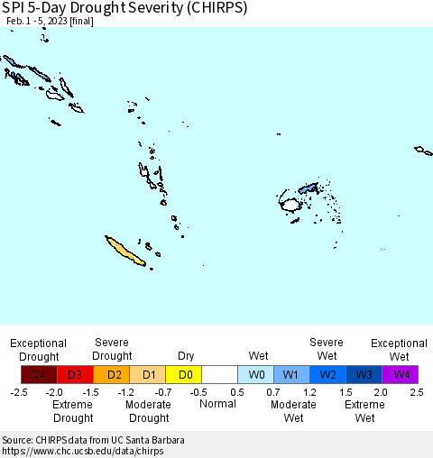 Fiji, Samoa, Solomon Isl. and Vanuatu SPI 5-Day Drought Severity (CHIRPS) Thematic Map For 2/1/2023 - 2/5/2023