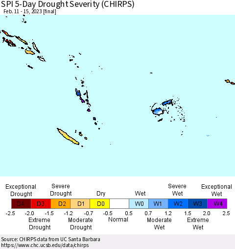 Fiji, Samoa, Solomon Isl. and Vanuatu SPI 5-Day Drought Severity (CHIRPS) Thematic Map For 2/11/2023 - 2/15/2023
