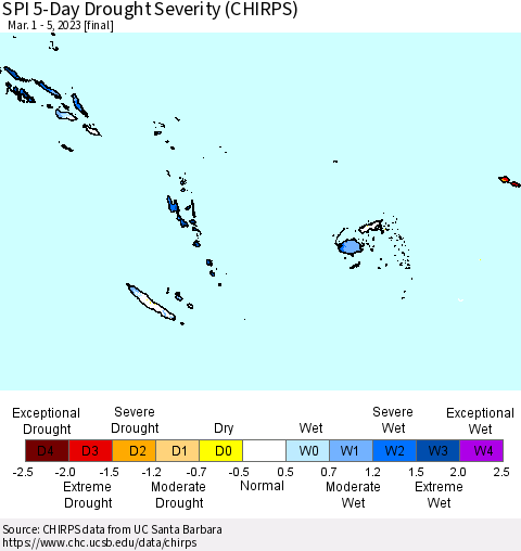 Fiji, Samoa, Solomon Isl. and Vanuatu SPI 5-Day Drought Severity (CHIRPS) Thematic Map For 3/1/2023 - 3/5/2023