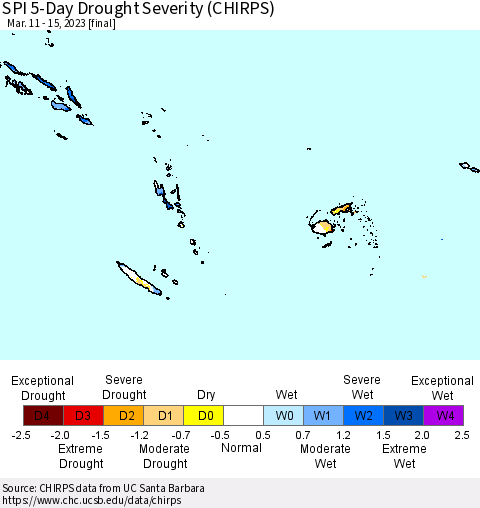 Fiji, Samoa, Solomon Isl. and Vanuatu SPI 5-Day Drought Severity (CHIRPS) Thematic Map For 3/11/2023 - 3/15/2023