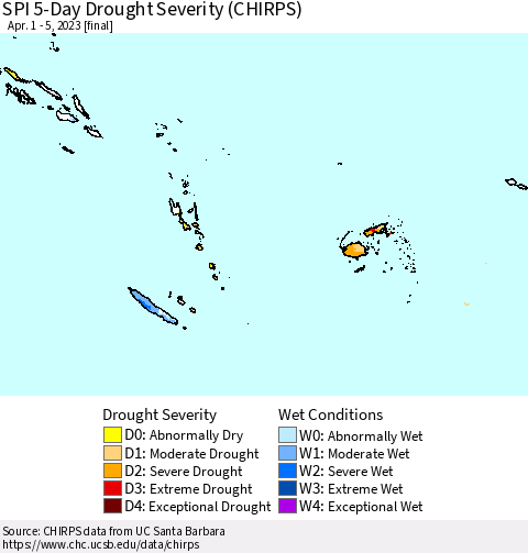Fiji, Samoa, Solomon Isl. and Vanuatu SPI 5-Day Drought Severity (CHIRPS) Thematic Map For 4/1/2023 - 4/5/2023