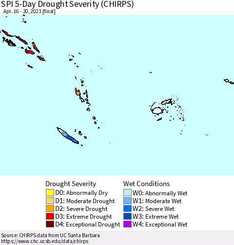 Fiji, Samoa, Solomon Isl. and Vanuatu SPI 5-Day Drought Severity (CHIRPS) Thematic Map For 4/16/2023 - 4/20/2023