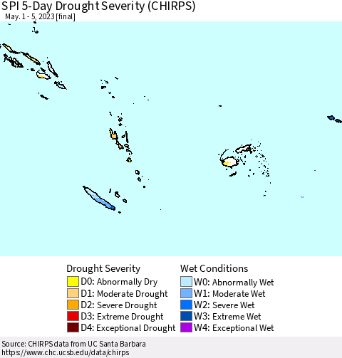 Fiji, Samoa, Solomon Isl. and Vanuatu SPI 5-Day Drought Severity (CHIRPS) Thematic Map For 5/1/2023 - 5/5/2023